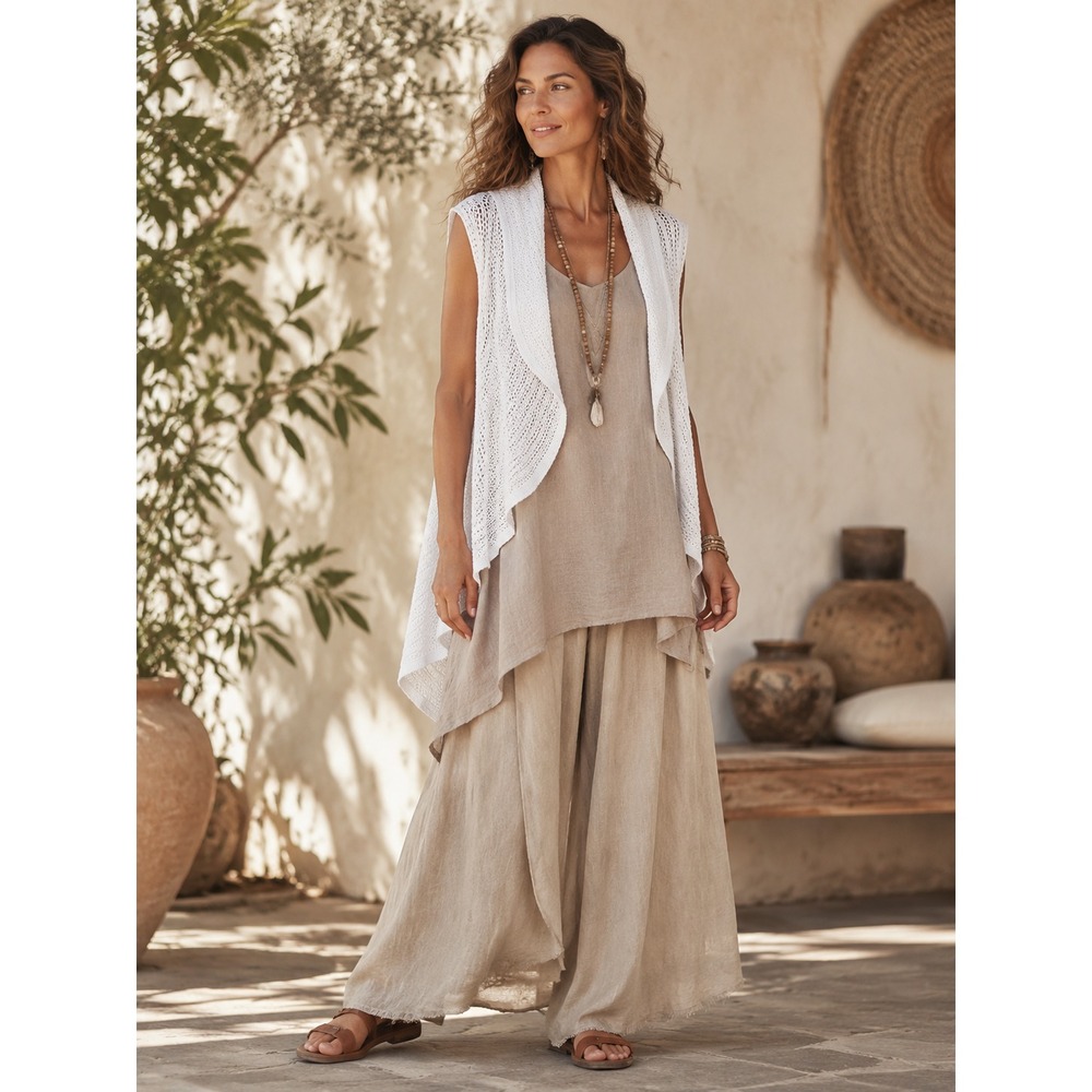Long Crochet Knit Open Drape Vest Size XL 100%  Cotton Hi-Low Hem Boho Lagenlook